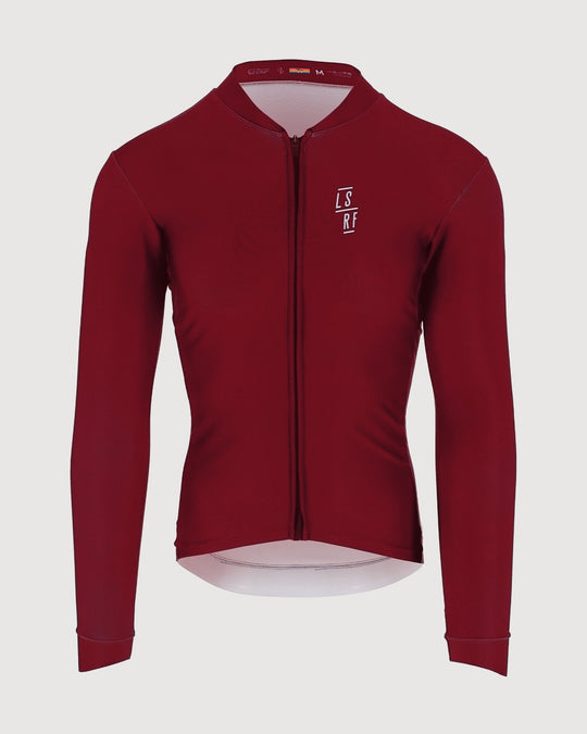 Men long sleeve winter cycling jersey in red. Long Sleeve Jersey | LSRF | Mid Berkeley